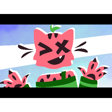 a frame of an animation meme of a watermelon-colored cat furry character putting their hands up and smiling. the frame has a blue background with a white stripe through it. there are black bars above and below the frame